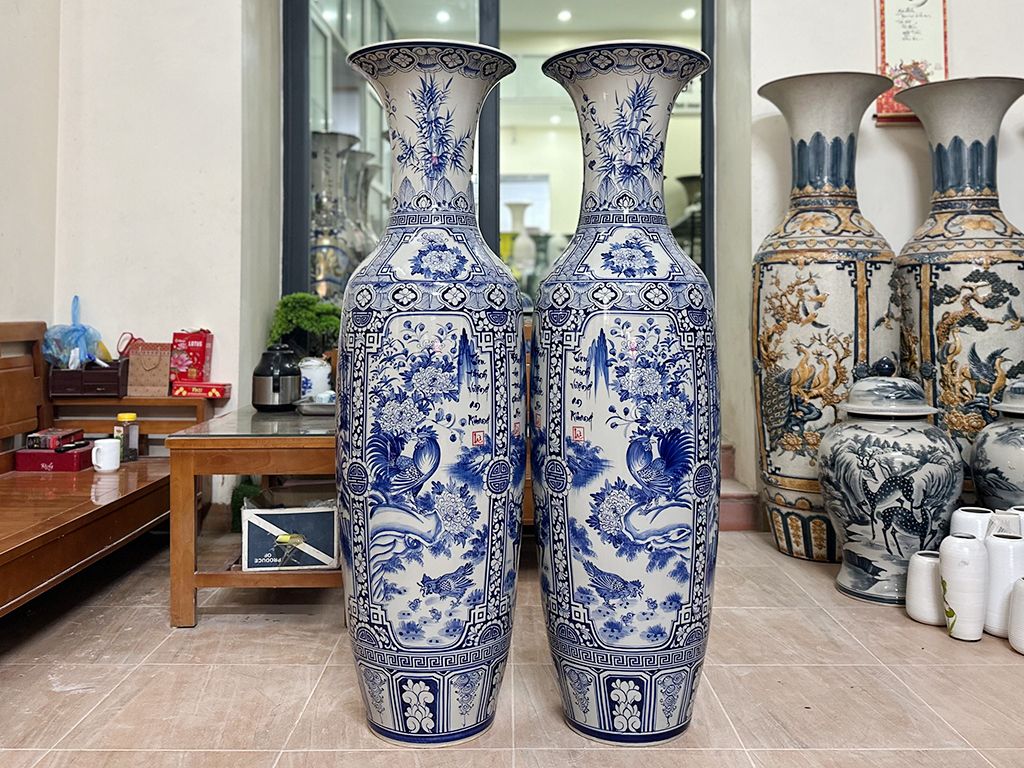 Lọ lộc bình Bát Tràng men lam Tứ quý vẽ kỹ 1m4 3